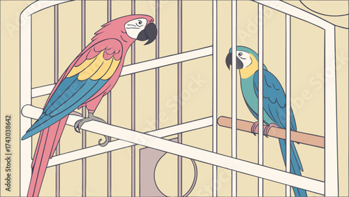 Colorful parrots in cage illustration vector design for pet bird lovers and exotic animal enthusiasts
