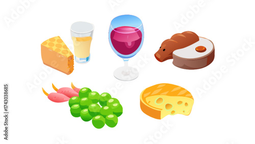 Delicious food and drink assortment featuring cheese, wine, grapes, meat and other tasty items