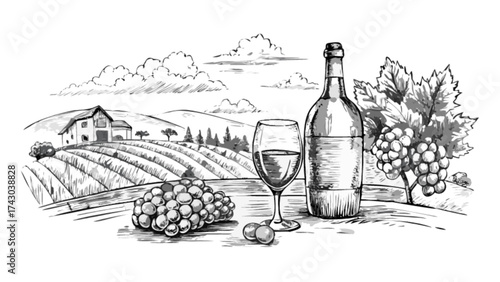 Elegant vineyard wine tasting sketch illustration with grapes bottle and glass for restaurant menu design