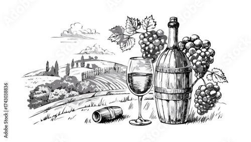 Vintage vineyard landscape illustration with wine barrel grapes and glass for wine tasting event poster