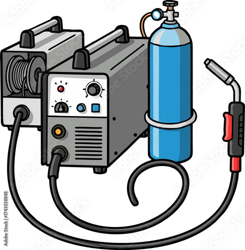 Cartoon Welding Machine with Blue Gas Cylinder and Welding Torch