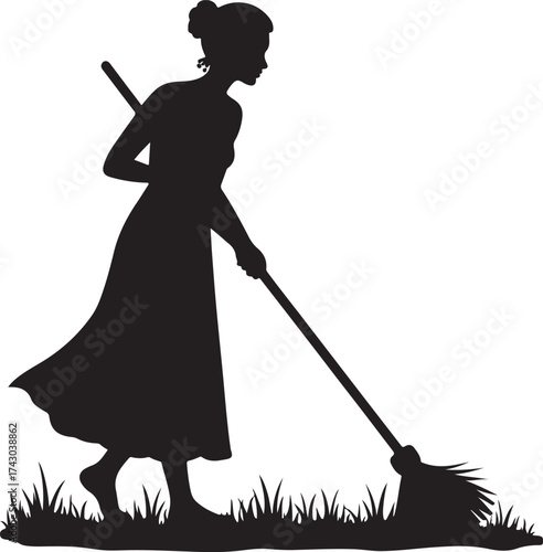Silhouette of woman sweeping grass with a broom vector