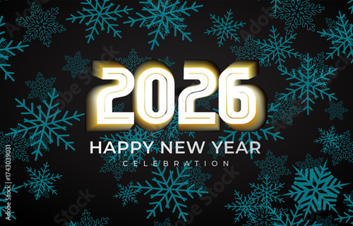 happy new year 2026 3d text with snow background