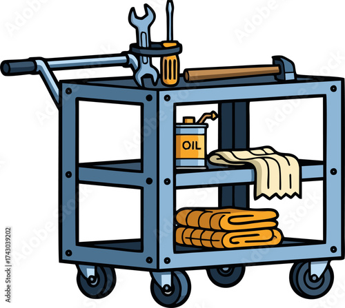 Cartoon Workshop Cart with Tools, Oil Can, and Cleaning Supplies.