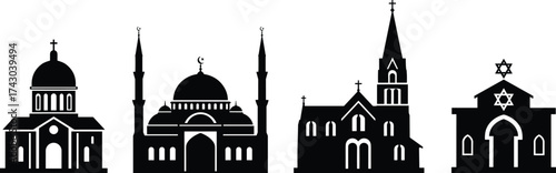 Religious architecture vector illustration, church mosque synagogue icons, interfaith harmony, world religion diversity, sacred buildings, spirituality, cultural unity, worship places
