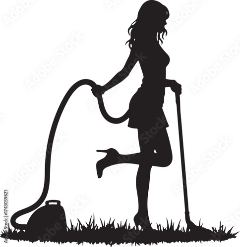 Silhouette of woman with vacuum cleaner on grass female