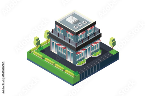 isometric illustration of modern japanese shop building suitable for infographics and digital assets