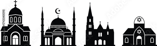 Religious buildings silhouettes vector, mosque church synagogue icons, Islamic Christian Jewish architecture symbols, religion diversity illustration for design and education