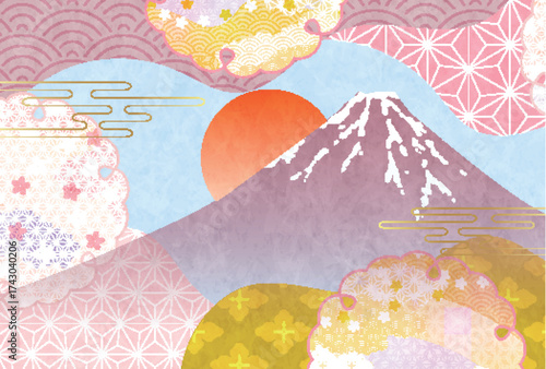 桜　富士山　和柄　年賀状　背景	