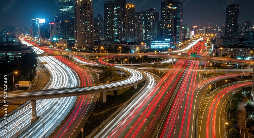 Obraz premium Dynamic Urban Metropolis Nightscape with Streaking Highway Traffic Light Trails