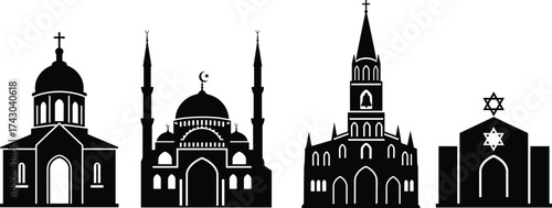 Religious diversity architecture, Christian church, Islamic mosque, Jewish synagogue, cultural heritage, faith symbols, spiritual unity, interfaith harmo