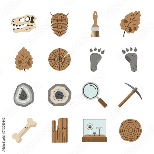 Paleontology Icons Set - Fossils, Tools, and Geological Specimens.