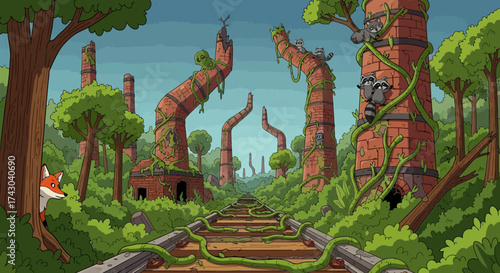 Overgrown Railway Tracks and Ancient Ruins in a Lush Forest Landscape.