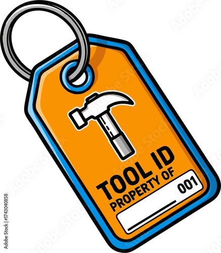 Orange Tool ID Tag with Hammer Icon and Blue Border, Property of 001