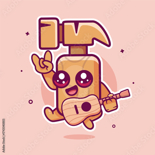 happy hammer character mascot playing guitar isolated cartoon