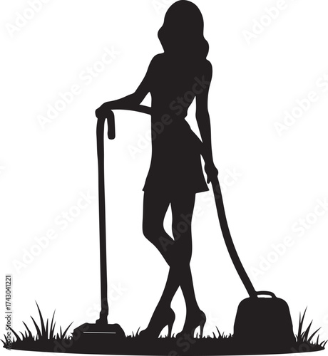 Silhouette woman with vacuum cleaner on grass female