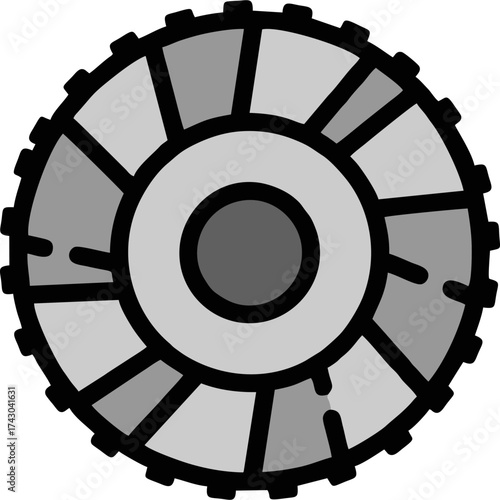 Stylized Gear Wheel with Radial Spokes and Outer Cogs in Shades of Gray