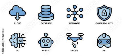 Modern technology and digital transformation icons set representing innovation and progress