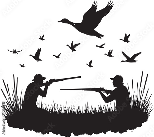 Two hunters aiming rifles at flying ducks in silhouette