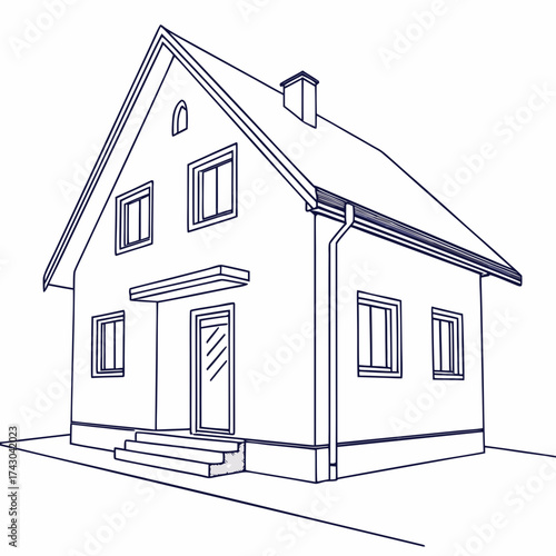 Architectural line drawing of a modern detached house with a pitched roof