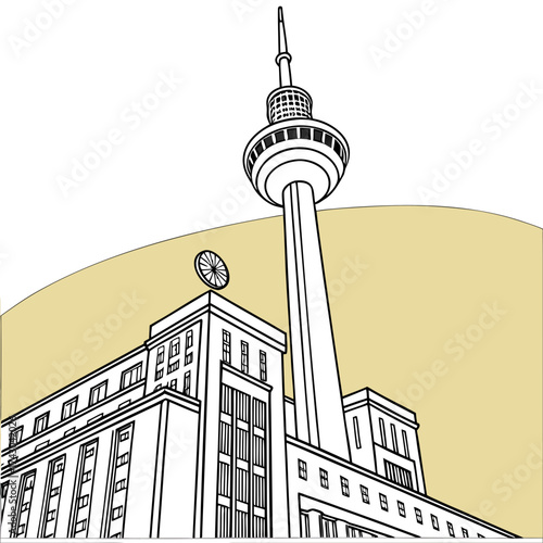 Artistic line drawing of berlin television tower and historic building