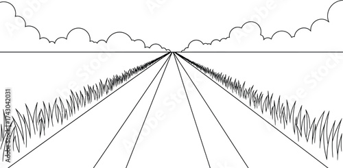 Road landscape drawing with clouds and grass vector graphic