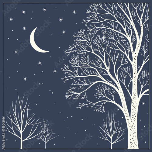 Bare winter trees under a crescent moon and starry night sky