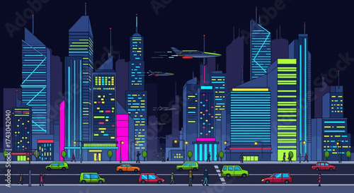 Pixel Art Futuristic Cityscape at Night with Flying Vehicles.