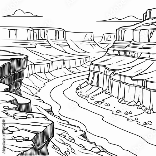 Black and white illustration of a grand canyon with a river