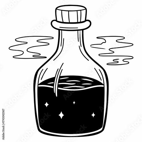 Black and white illustration of a potion bottle with swirling smoke