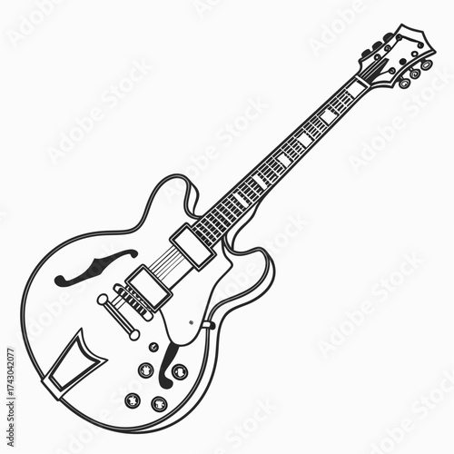 Black and white outline drawing of a hollow body electric guitar