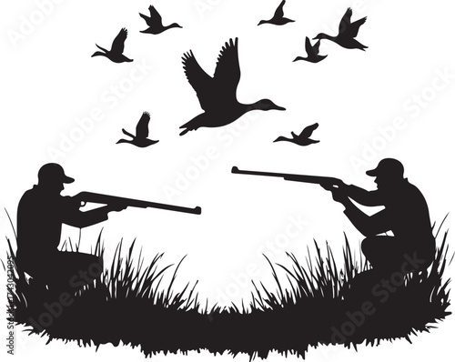 Two hunters aiming shotguns at flying ducks silhouette