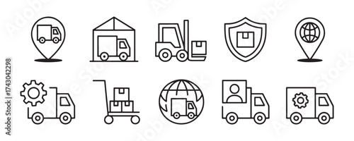 Outline Icon Set for Logistics Transportation and Delivery Services