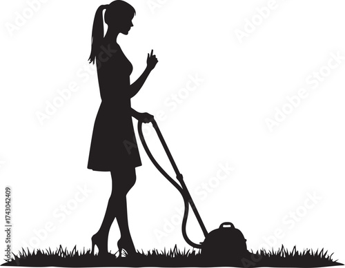Woman silhouette with ponytail mowing grass with lawnmower