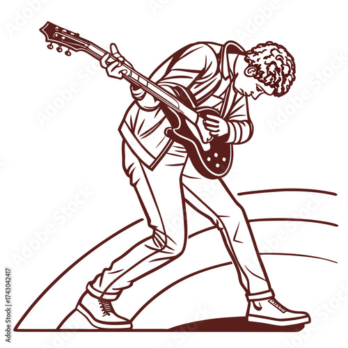 Energetic guitarist playing electric guitar with curly hair and stylish clothing