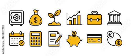 Financial and Economic Icons Collection Featuring Safe Moneybag Plant and Growth Chart