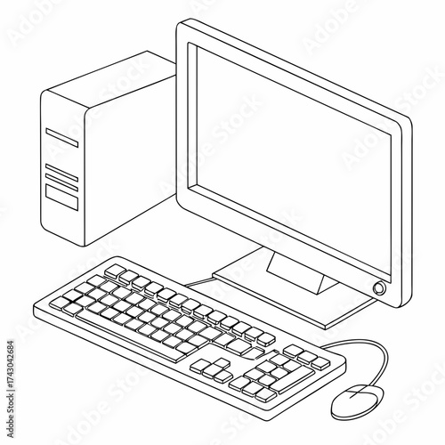 Isometric line drawing of a desktop computer setup with monitor keyboard and mouse