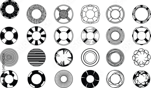 Set of modern abstract circular vector designs, radial geometric icons, symmetrical round shapes for UI, technology, graphic design, and backgrounds.