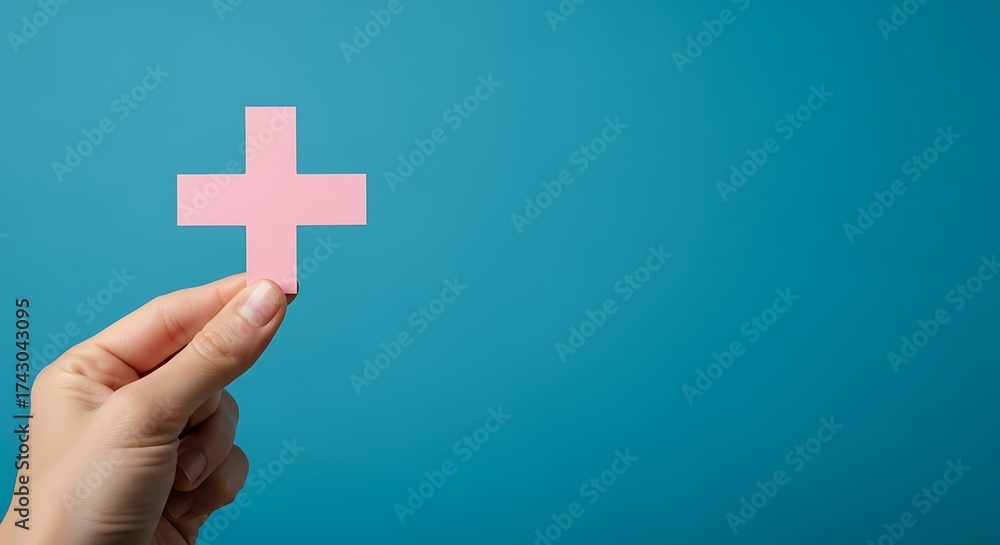 Obraz premium Hand holding a pink plus sign symbol against a teal blue background, representing addition or positive concepts