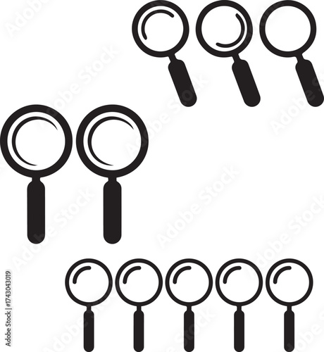 Five magnifying glasses lined up in a row on a light background