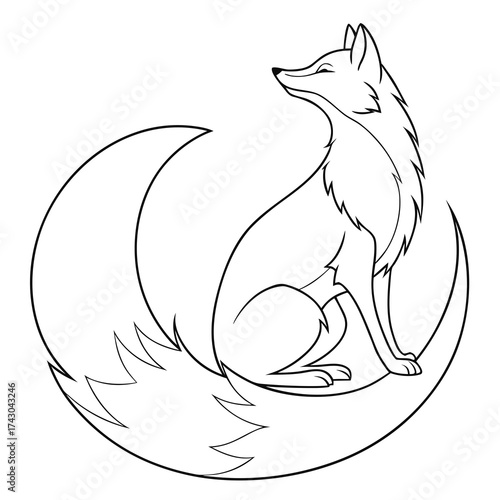 Stylized fox with a large bushy tail curled around it