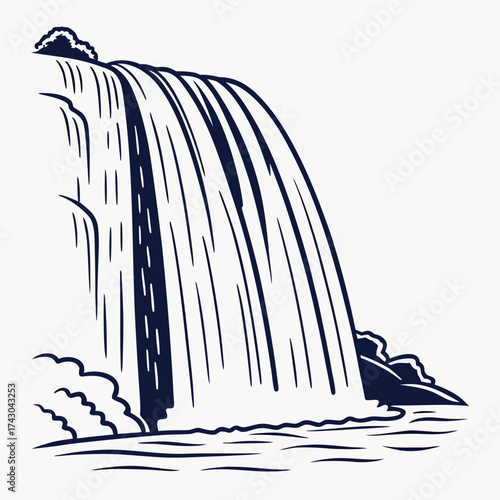 Stylized illustration of a majestic waterfall flowing into water