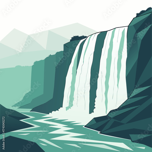 Stylized illustration of a powerful waterfall cascading down a rocky cliff into a winding river