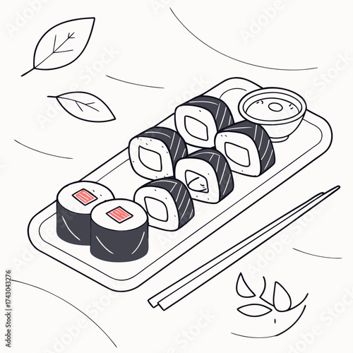Stylized illustration of sushi rolls on a platter with chopsticks and dipping sauce