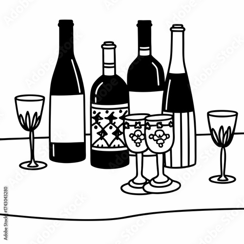 Stylized illustration of wine bottles and glasses on a table