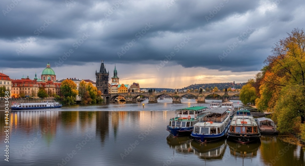 Obraz premium Pragues Vltava River shows Charles Bridge boats buildings and autumn foliage under cloudy skies