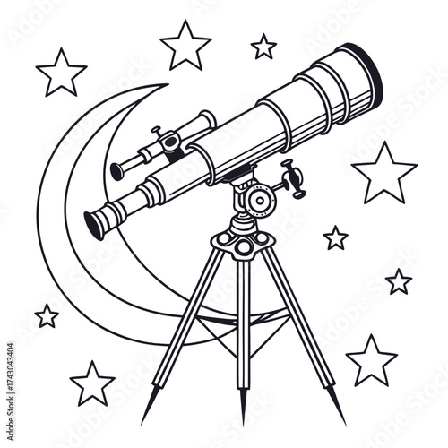 Telescope and moon with stars illustration