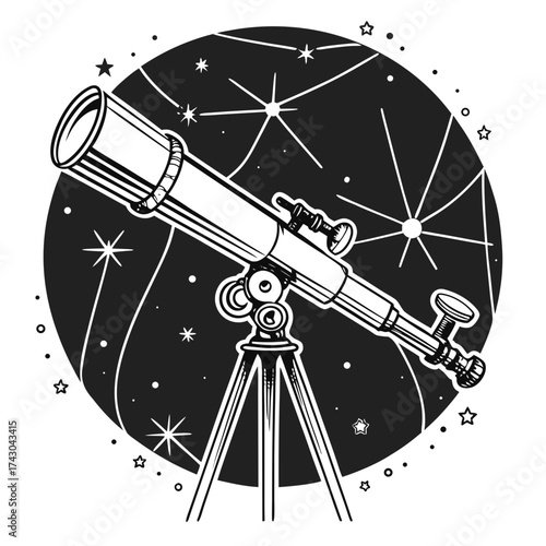 Telescope observing starry night sky with constellations and celestial objects