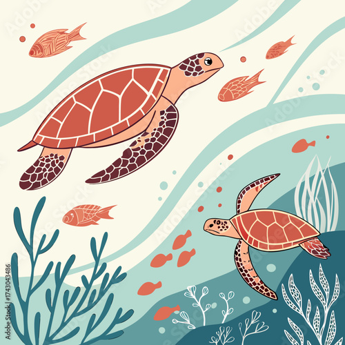 Two sea turtles swim with small fish in a stylized ocean with coral and seaweed