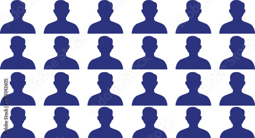 Blue silhouette grid, anonymous people, demographic concept, identity visualization, head and shoulders, data representation, uniform figures, digital crowd, abstract group, profile icons